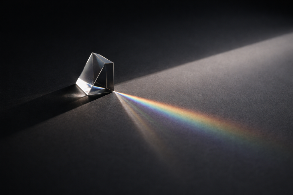 [dark] Symbolsk, abstrakt billede af lys der brydes i en prisme og skaber farvespektrum—visualiserer nysgerrighed, genrer og perspektiver.