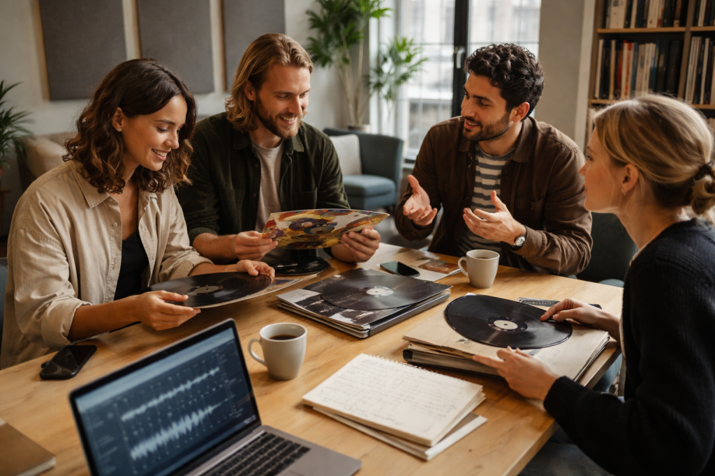 [light] Autentisk redaktions-/studie-setup med småt team omkring et bord med plader, notesbøger og laptop—til 'Om os' og kultur.