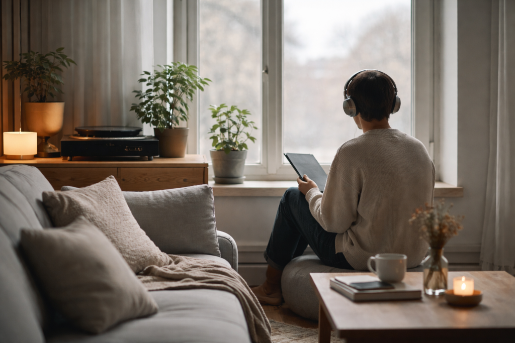 [light] Rolig, intim scene med en person der lytter til musik ved et vindue med hovedtelefoner—egnet som hero på undersider og guides.