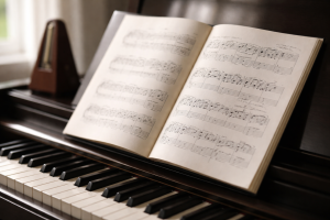 [light] Guide/viden: nærbillede af åbne nodeark på et klaver med blyantsmarkeringer—bruges til servicekort om klassisk musik og forståelse.