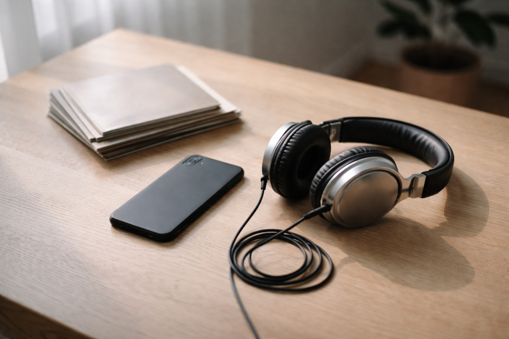 [light] Opdag ny musik: moderne lytte-setup med smartphone og høretelefoner på et bord, samt en lille stak albums—til service om anbefalinger og playlister.