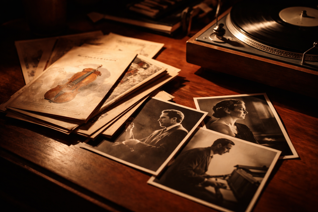 [dark] Musikhistorie/kunstnere: arkivagtigt miljø med gamle koncertprogrammer, fotos og en pladespiller—til service om historier, værker og kontekst.