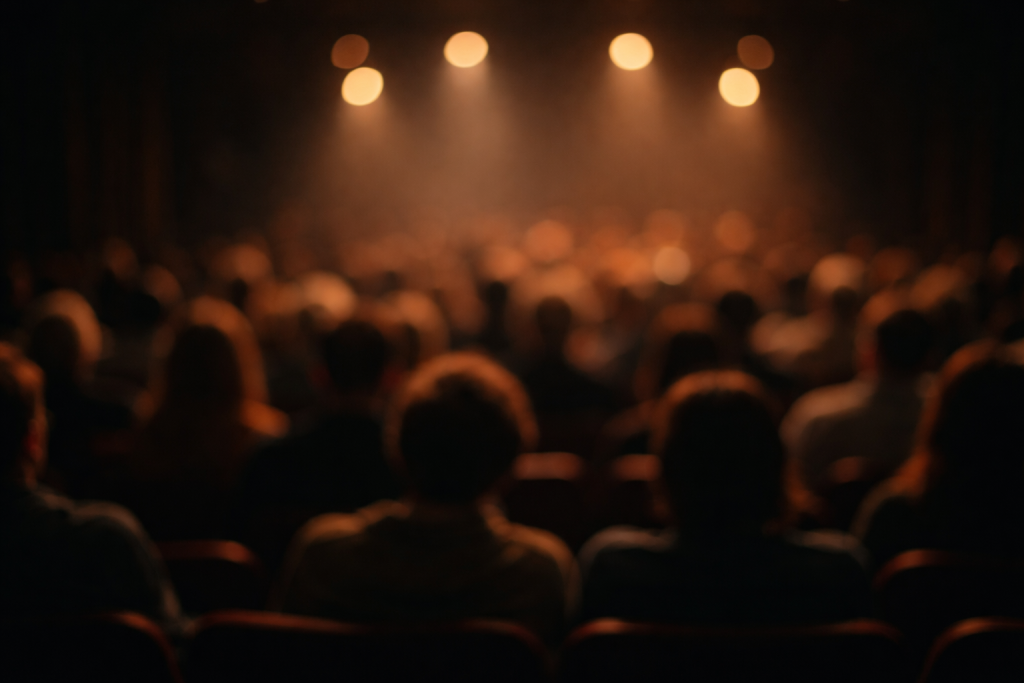 [dark] Diskret baggrund med publikum i mørk sal, ude af fokus og med bløde lyspletter—giver rolig bund til testimonials.